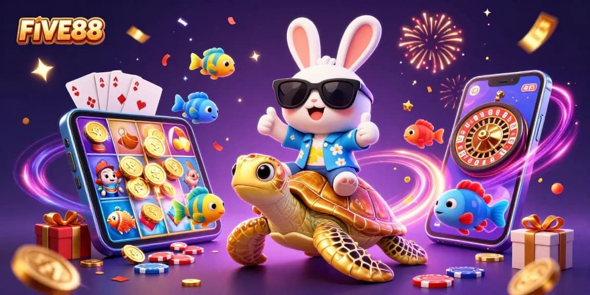 Engage with the FIVE88 casino scene featuring a lucky rabbit and golden turtle among colorful games.