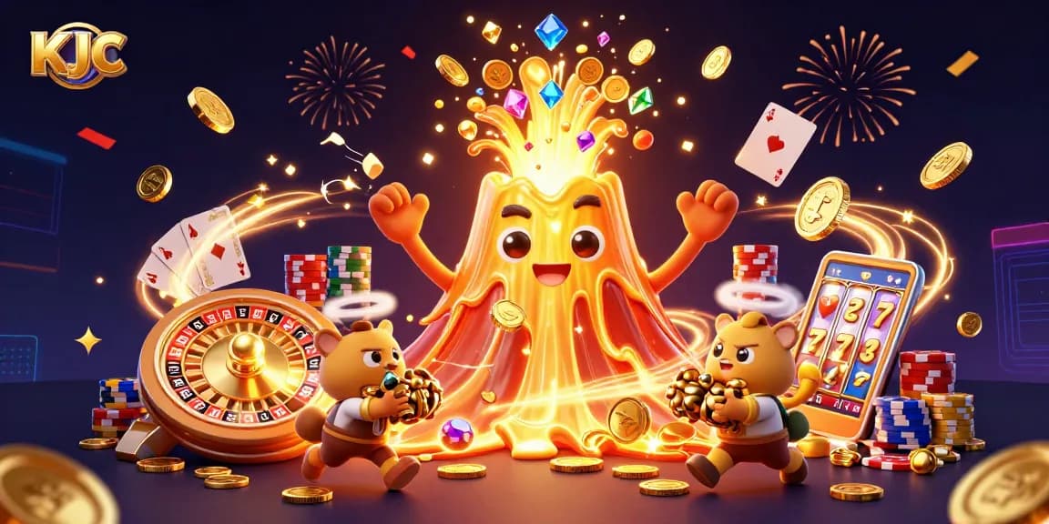 KJC unleashes excitement with a triumphant volcano fountain of treasures in an animated casino adventure.
