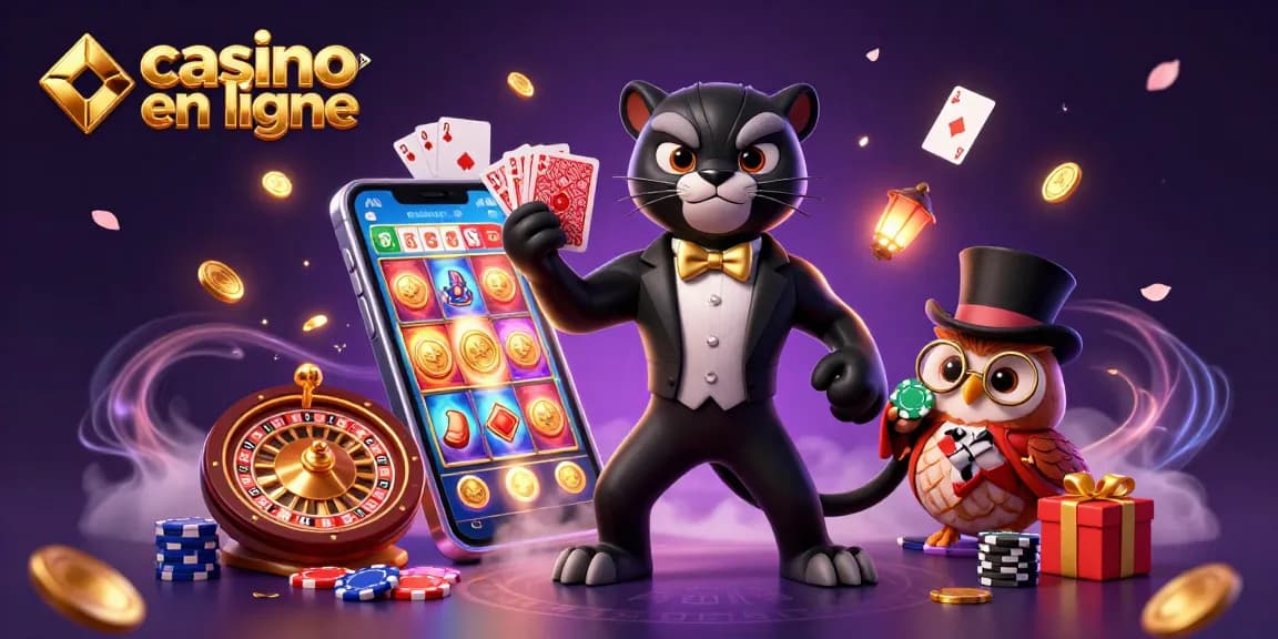 Images de casino en ligne avec une panthère élégante distribuant des cartes, une chouette et une souris chanceuse.