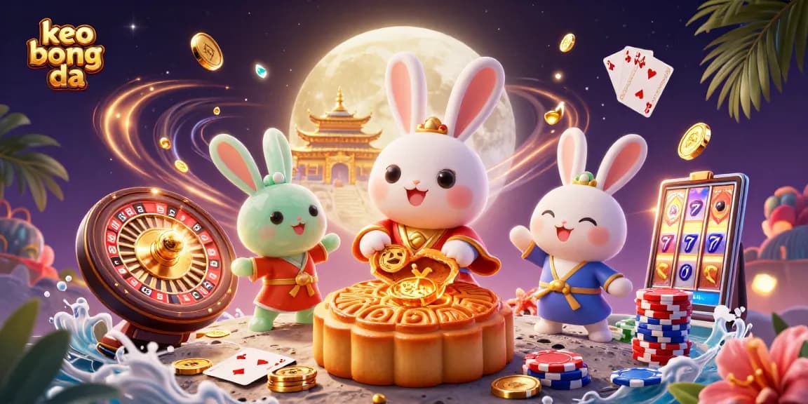 Experience keo bong da excitement with a 3D moon rabbit and casino elements illustrating gambling action.