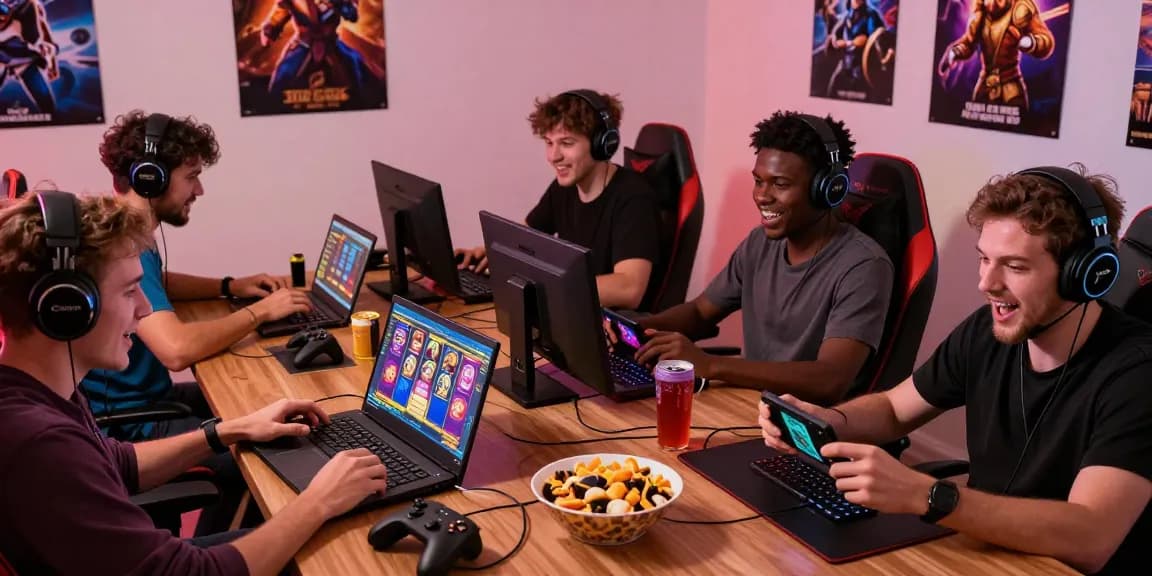 Explore https://www.modernrussia.com/mpocash/ with gamers enjoying thrilling slot games in a vibrant living room setup.