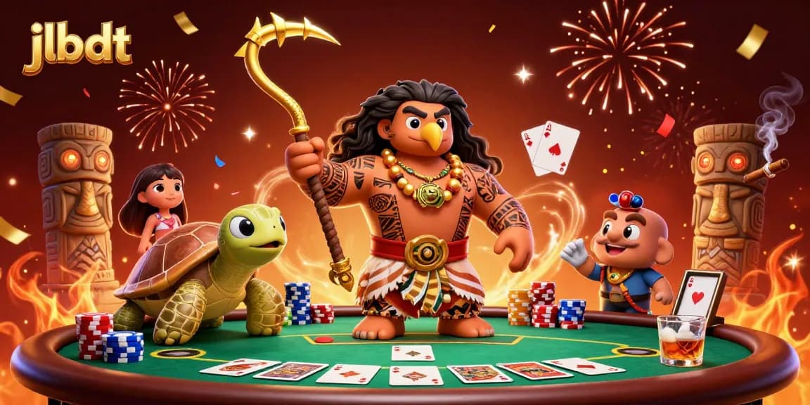 Engage in thrilling poker action with jlbdt as a demigod and turtle sidekick celebrate victory.