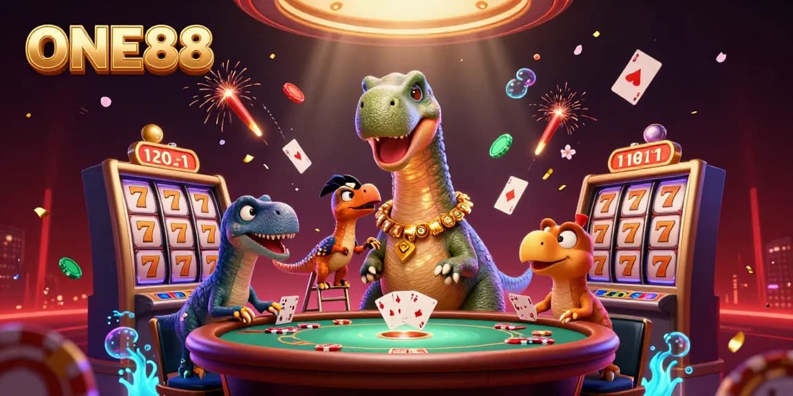 Experience the thrilling world of ONE88 casino with dynamic illustration featuring gaming excitement and vibrant elements.