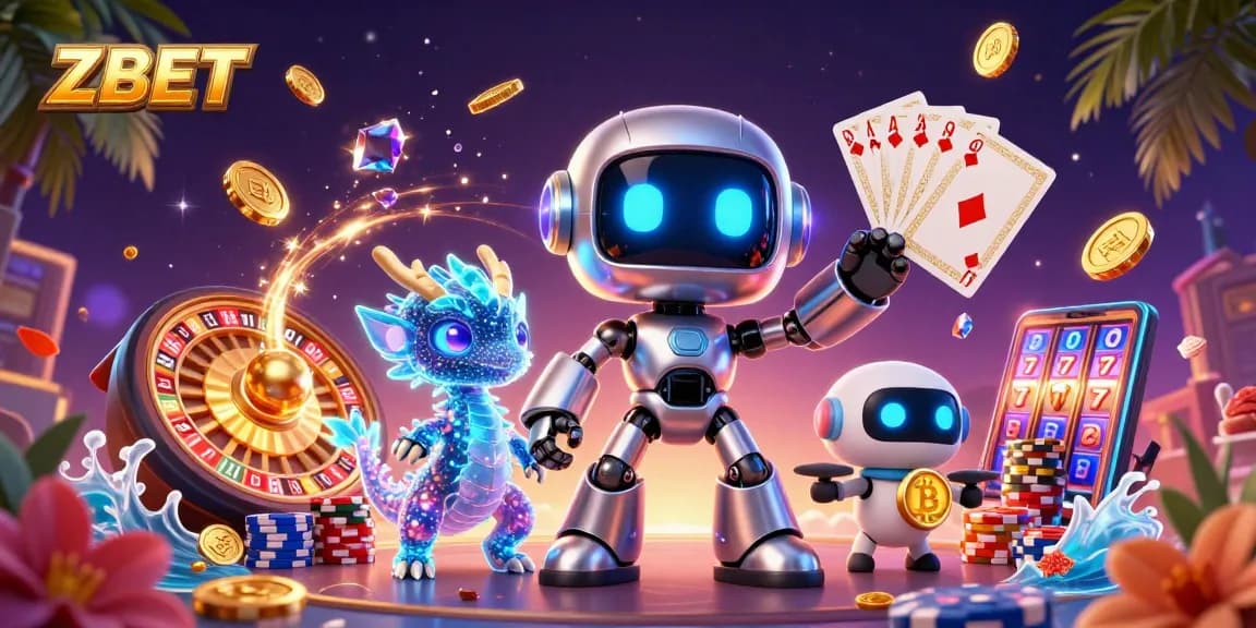 ZBET showcases an engaging casino scene with a robot mascot, captivating dragon, and drone assisting players.