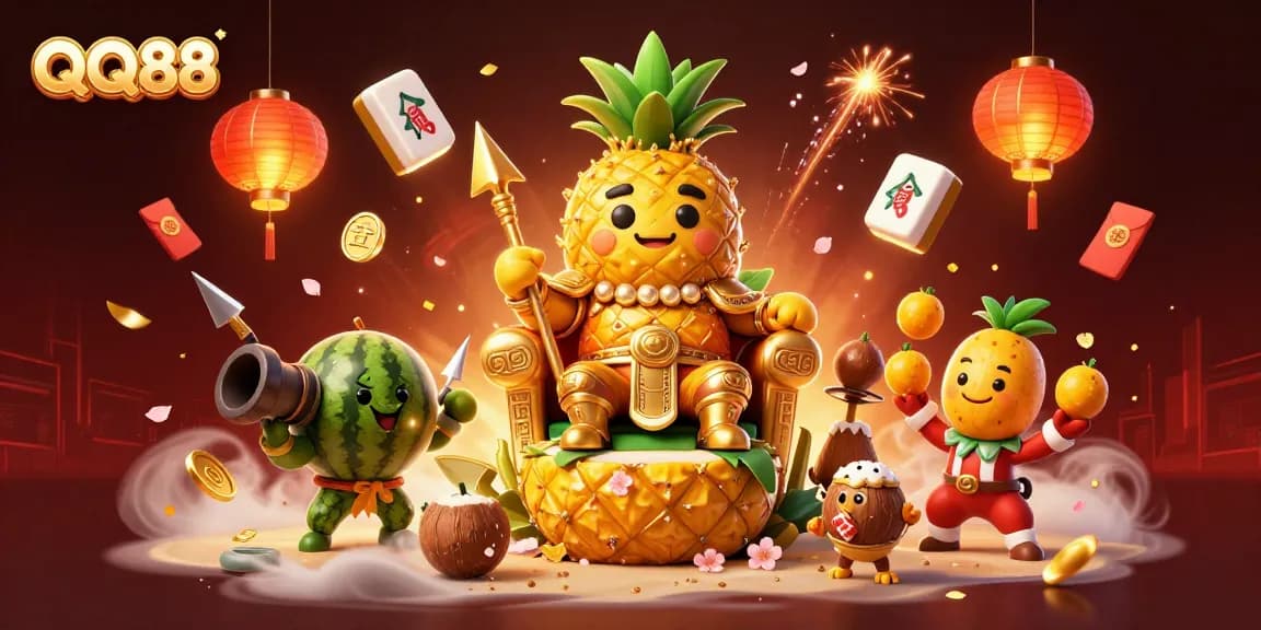 Experience thrilling adventures with QQ88 in this vibrant 3D casino scene featuring a golden pineapple king and exciting game elements.