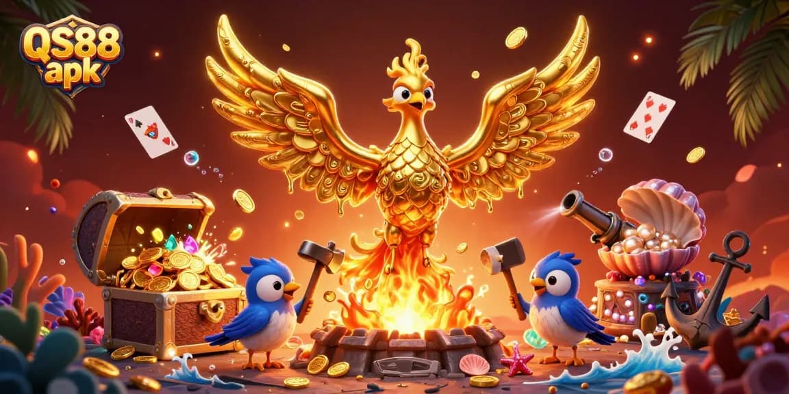 Engage with QS88 apk for thrilling casino experiences featuring a golden phoenix and vibrant treasures.