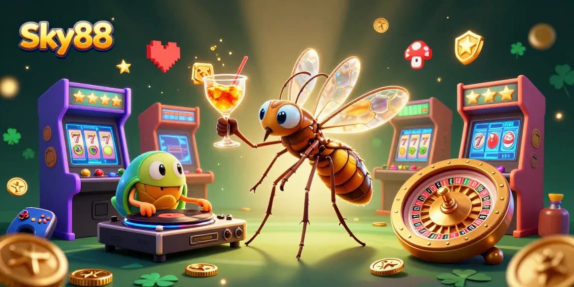 Experience Sky88 with a vibrant casino scene featuring unique characters and dynamic gaming elements.