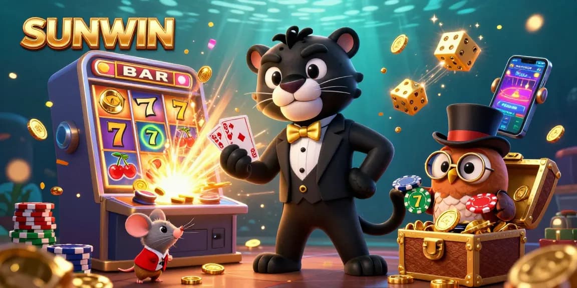 SUNWIN showcases a lively 3D casino scene with a panther dealer, owl, and lucky mouse amidst a jackpot explosion.