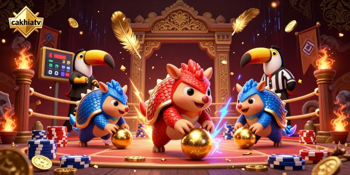 Cakhiatv features dynamic pangolins bowling through poker chips in a vibrant 3D casino scene.