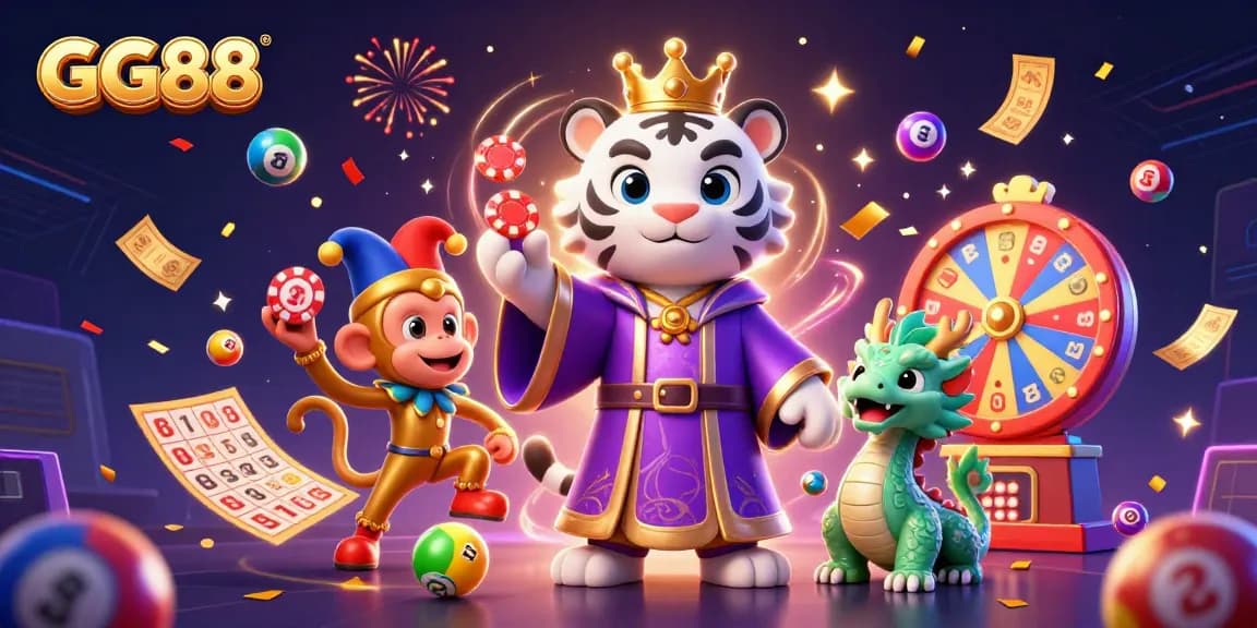 Experience the excitement of GG88 with vibrant elements and characters in a dynamic casino scene.