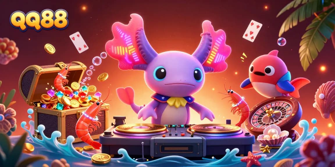 Experience the thrill of qq88 with a vibrant underwater casino scene featuring a neon axolotl DJ and game elements.