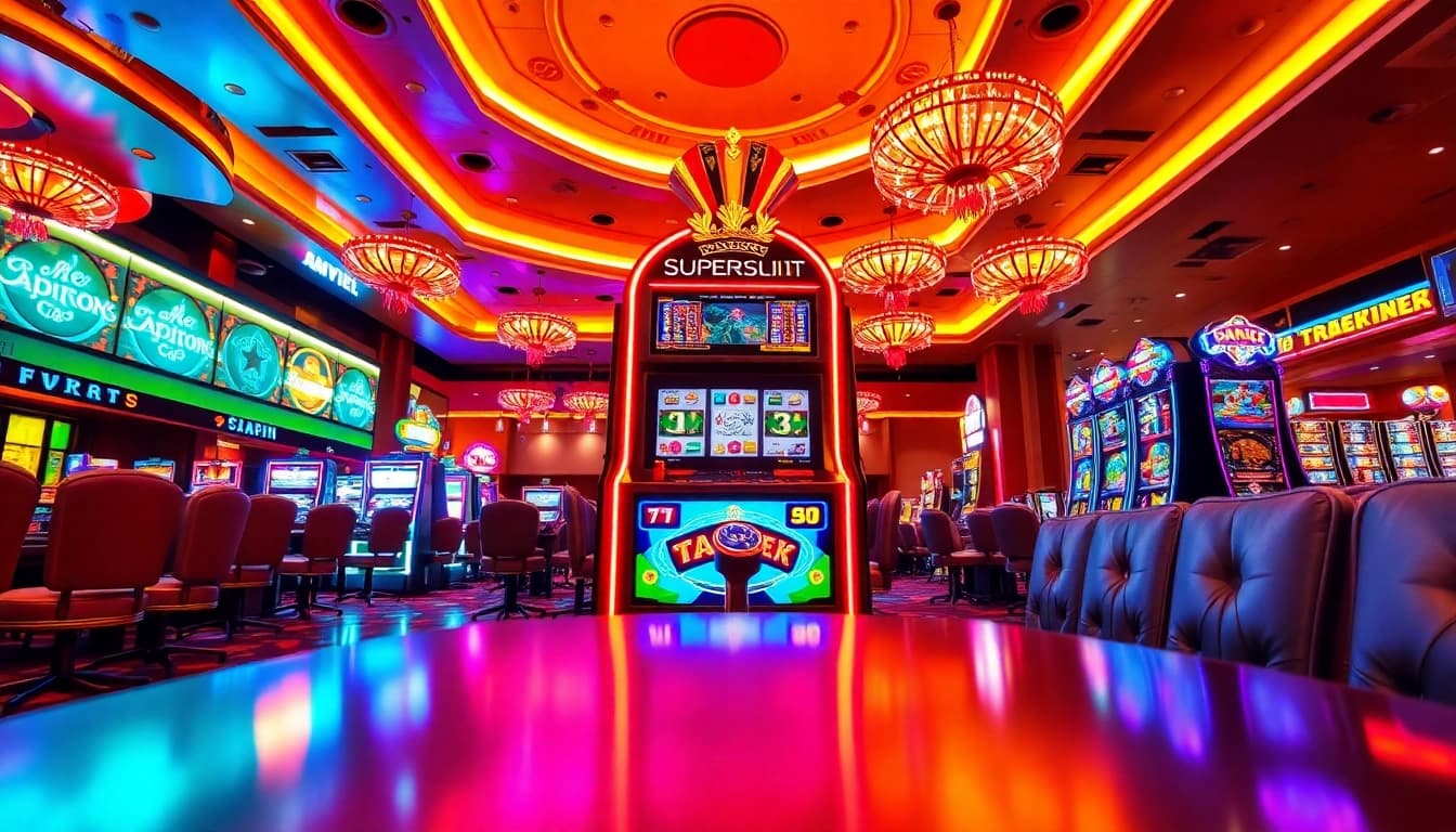 Engaging scene featuring a superslot machine in a lively casino environment with colorful lights.