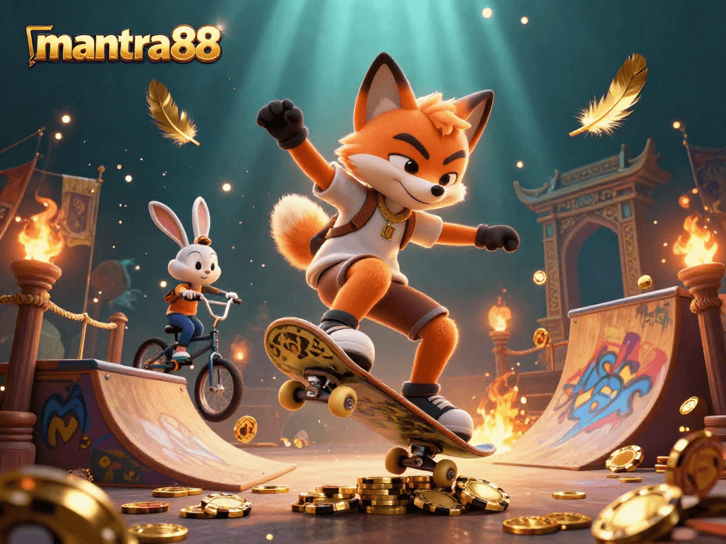 Experience the thrills at mantra88 with the skateboarder fox and BMX rabbit in a vibrant casino-themed adventure.