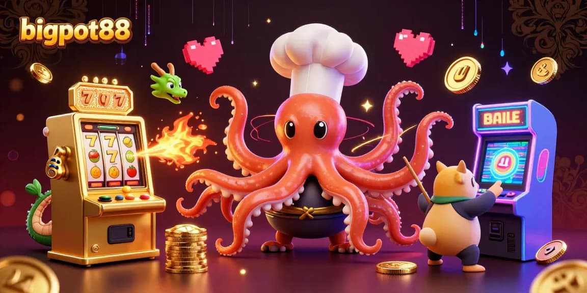 Bigpot88 menghadirkan keseruan mesin slot dengan simbol keberuntungan dan karakter lucu dalam ilustrasi 3D yang menawan.