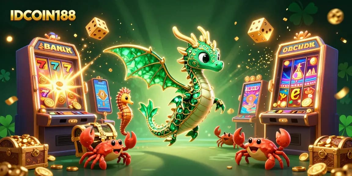 Experience IDCOIN188 with a sea dragon and golden seahorse amidst colorful casino game elements.