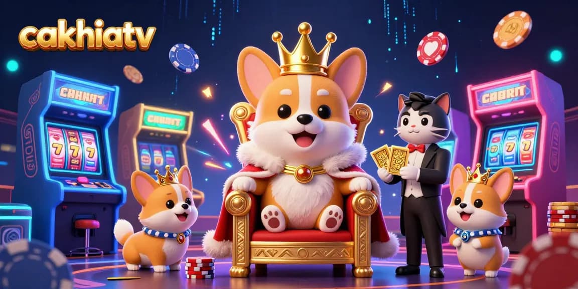 Watch thrilling actions on cakhiatv as the royal corgi king reigns over an epic casino illustration.