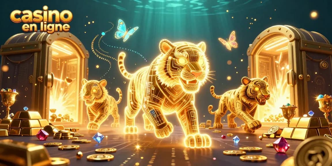 Découvrez le monde vibrant du casino en ligne, avec des éléments captivants entourant le tigre lumineux.