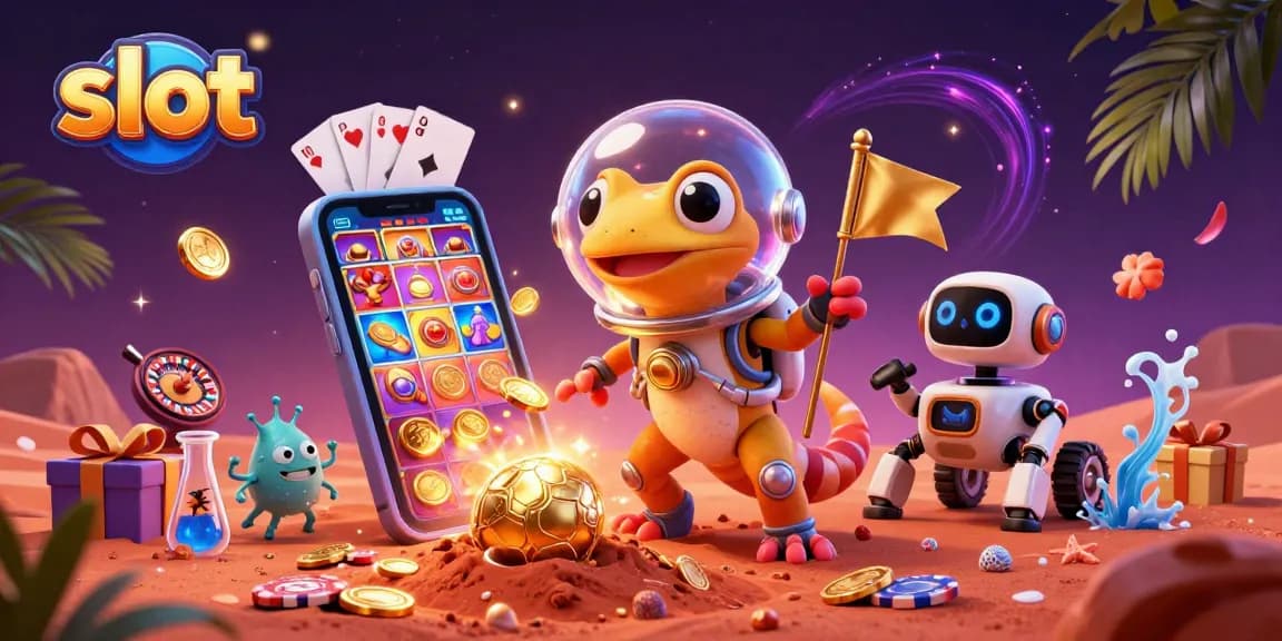 Mainkan slot gacor dengan Martian gecko dan robot, menampilkan permainan kasino yang menarik.