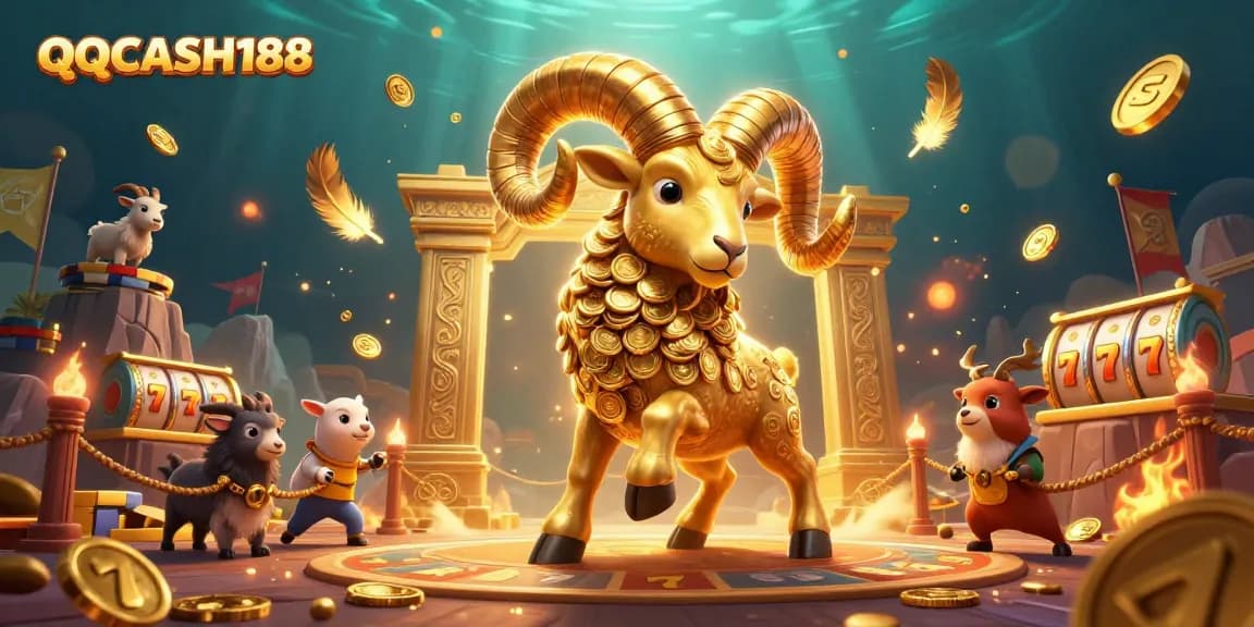 Experience thrilling gameplay with QQCASH188 as a golden ram charges through a vibrant casino scene.