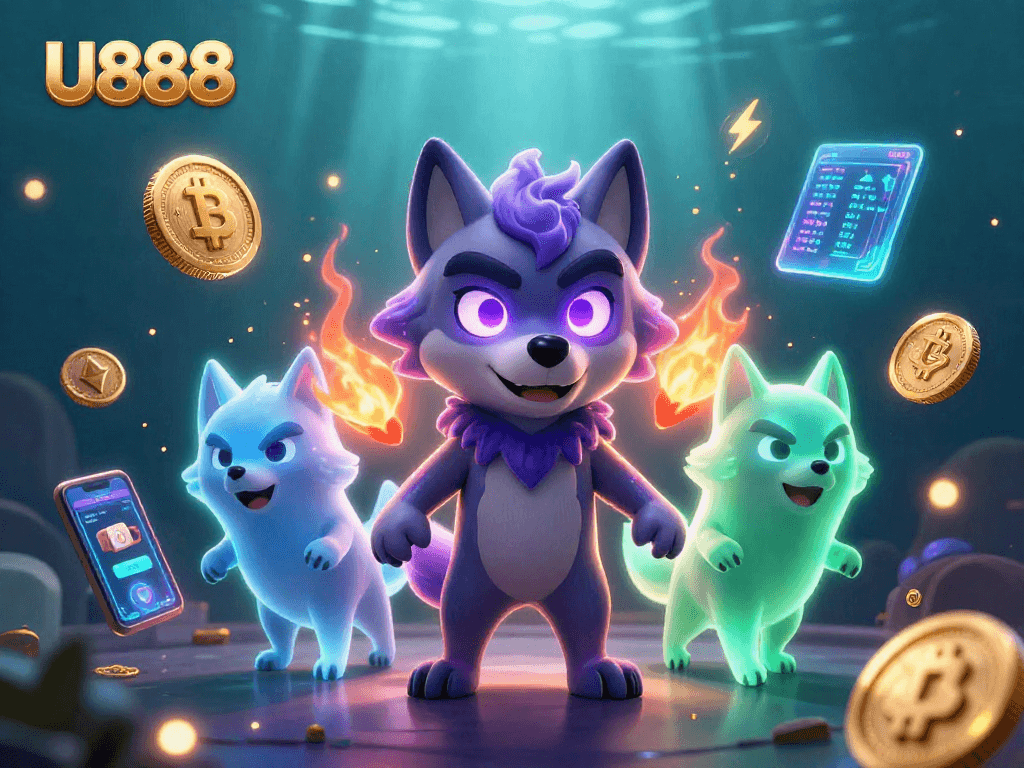 Experience the U888 excitement with ghostly wolves amidst vibrant crypto and casino symbols.