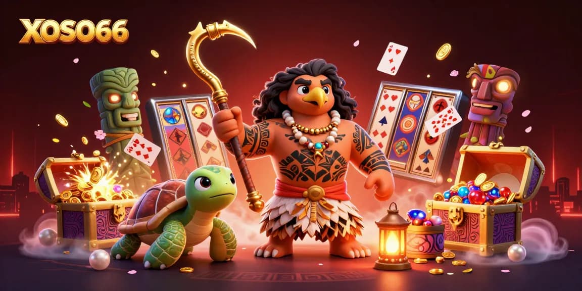 XOSO66 unleashes excitement with a vibrant 3D online casino scene showcasing jackpots and wins.