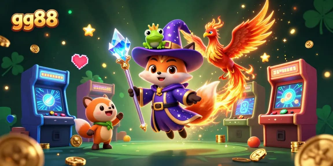 Experience the thrilling adventures of gg88 with a wizard fox, phoenix, and enchanted gaming elements in this vibrant scene.