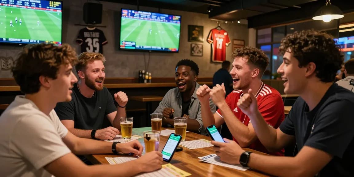 Situs Taruhan Bola Terpercaya scene with friends in a lively sports bar, discussing bets while watching football.