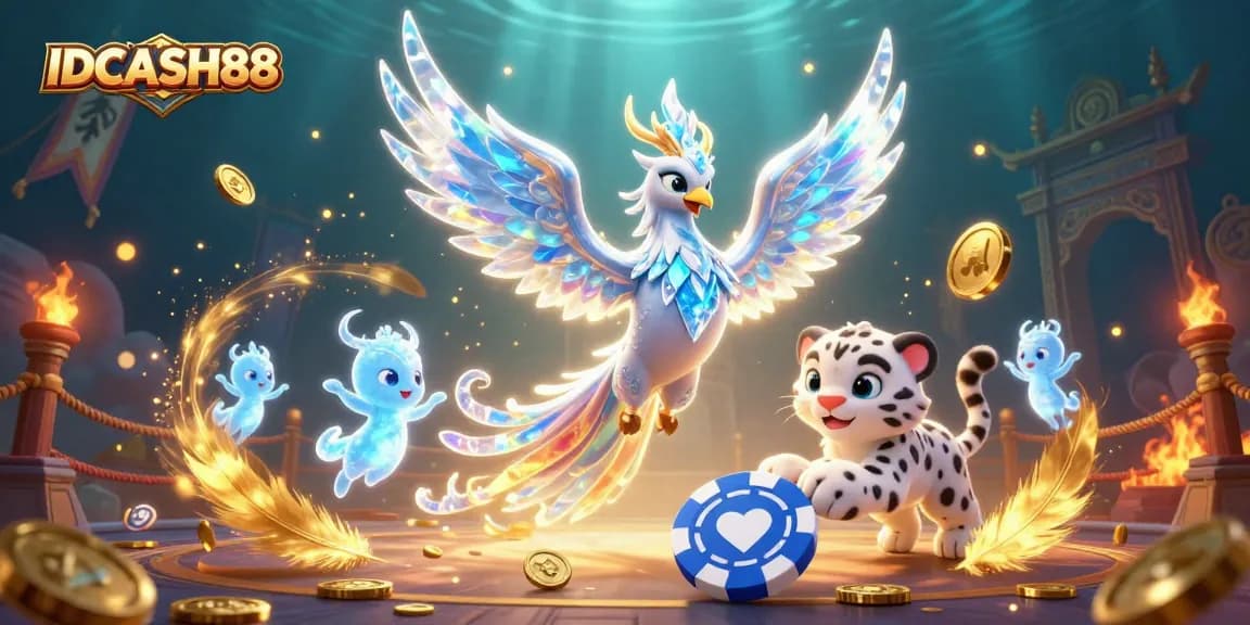 Experience thrilling gameplay with IDCASH88 featuring an ice phoenix, snow leopard, and vibrant casino elements.