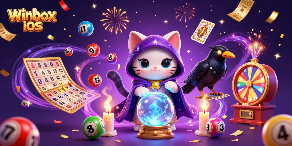Winbox iOS app illustrating an engaging casino scene with colorful lottery elements and enchanting characters.