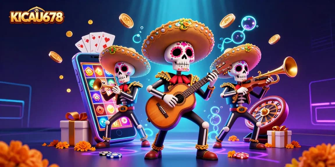 KICAU678 brings the thrill of slot gaming to life with vibrant 3D mariachi skeletons and dynamic casino elements.