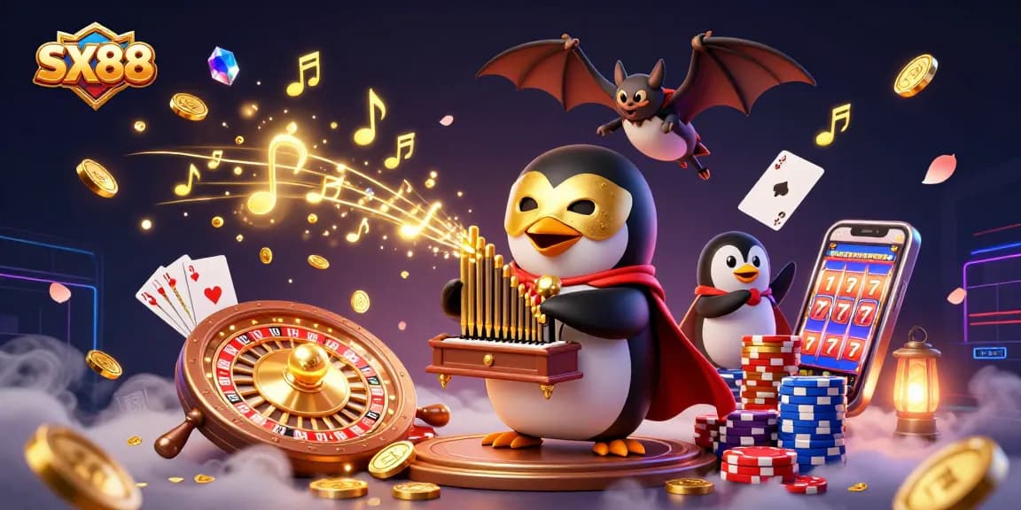 SX88 penguin playing casino organ shooting golden coins, surrounded by rich gambling elements
