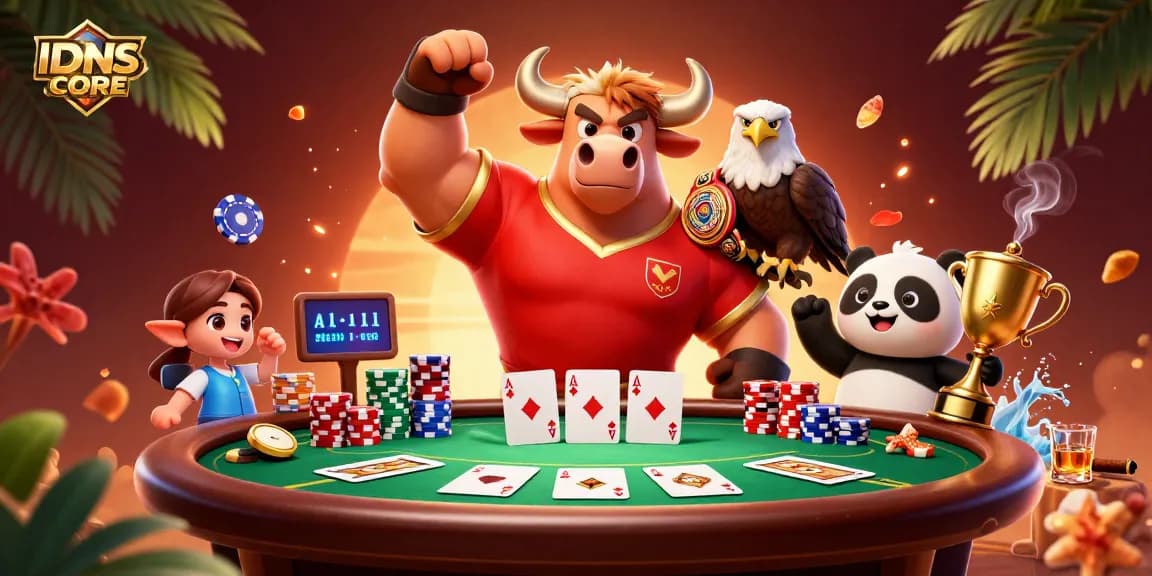 Experience thrilling gameplay at IDNSCORE with a vivid scene of casino champions surrounded by poker action.