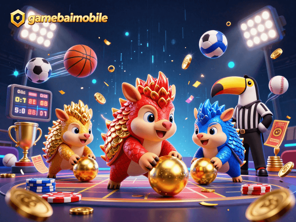 Engage with gamebaimobile's thrilling casino action featuring rival pangolins rolling through poker chips amidst dynamic sports elements.
