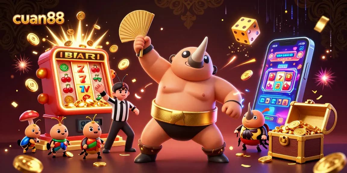 Memenangkan cuan88 dengan slot yang menghibur dan karakter lucu di ilustrasi kasino.