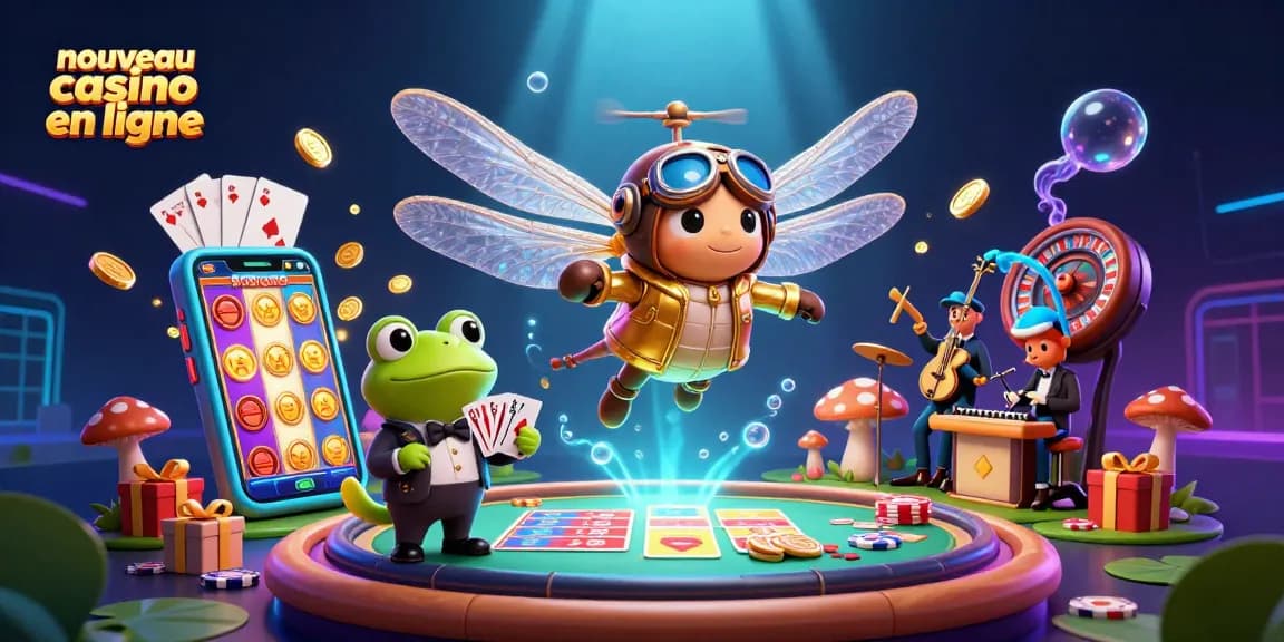 Découvrez les émotions du nouveau casino en ligne avec un pilote de libellule et un croupier grenouille.
