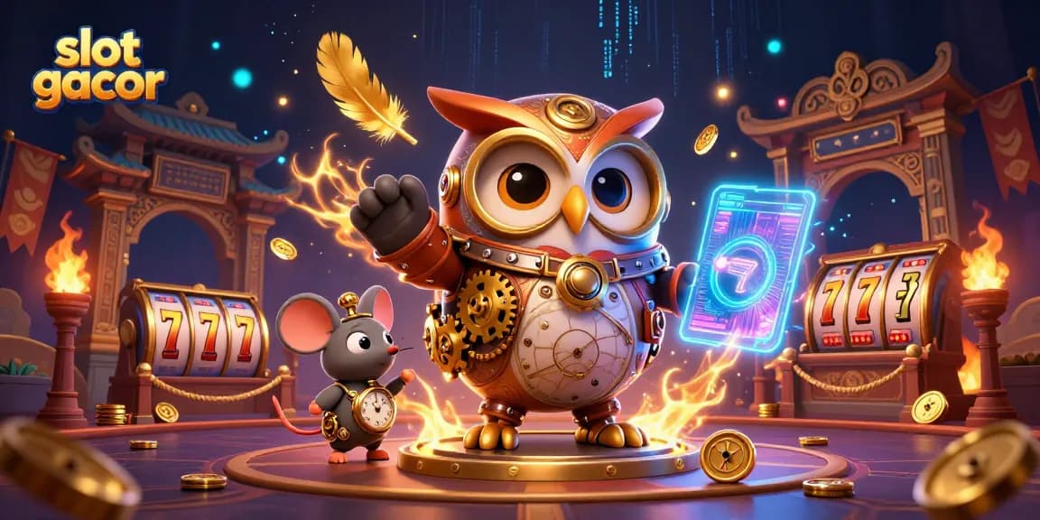 Grajang kemenangan dengan slot gacor di ilustrasi 3D yang ceria, menampilkan elemen kasino dan simbol slot.