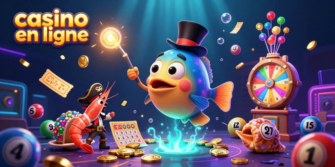 Plongez dans un monde de jeu avec casino en ligne, un poisson-lanterne et des éléments colorés.