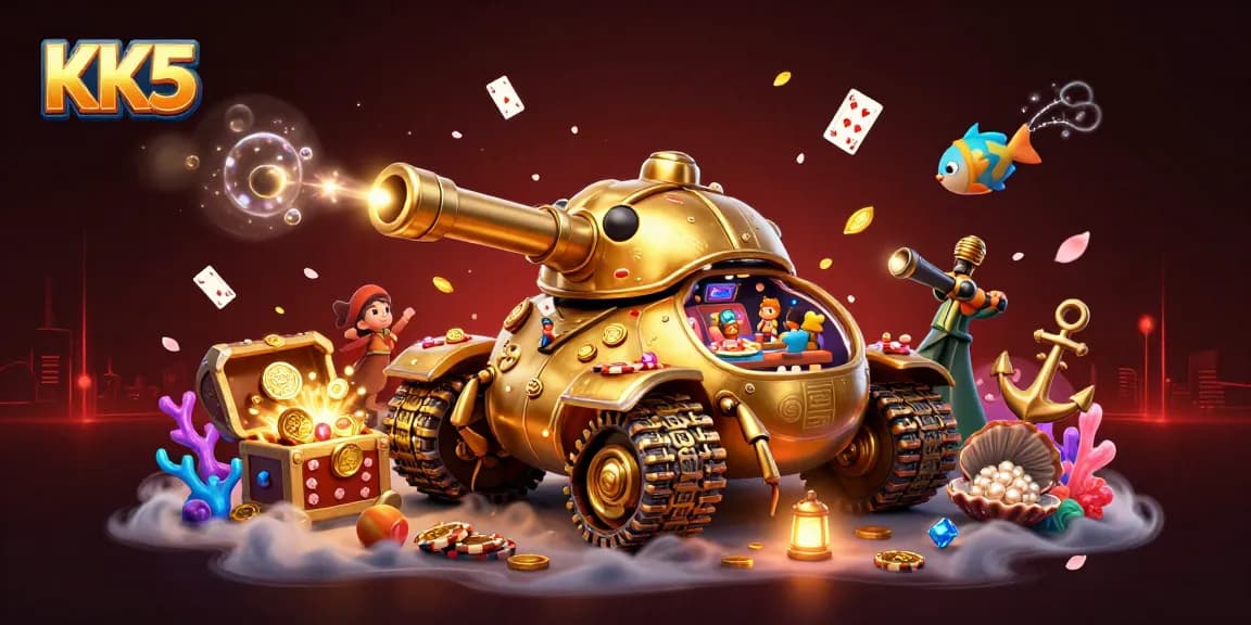Experience thrilling gameplay with KK5's interactive casino mini-world from a golden beetle tank.