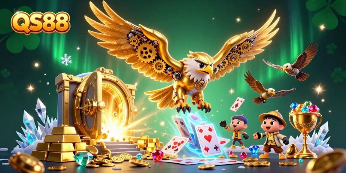 Experience thrilling games with QS88, featuring a cybernetic eagle and dazzling treasures.