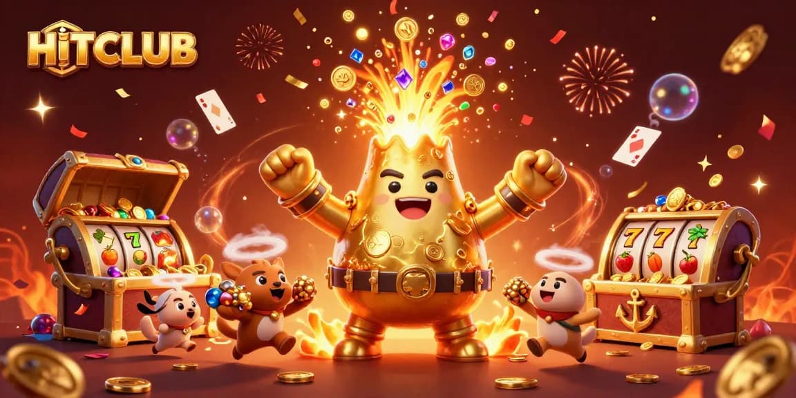 Spin and win with HITCLUB as treasure erupts from an animated volcano in a vibrant casino scene.
