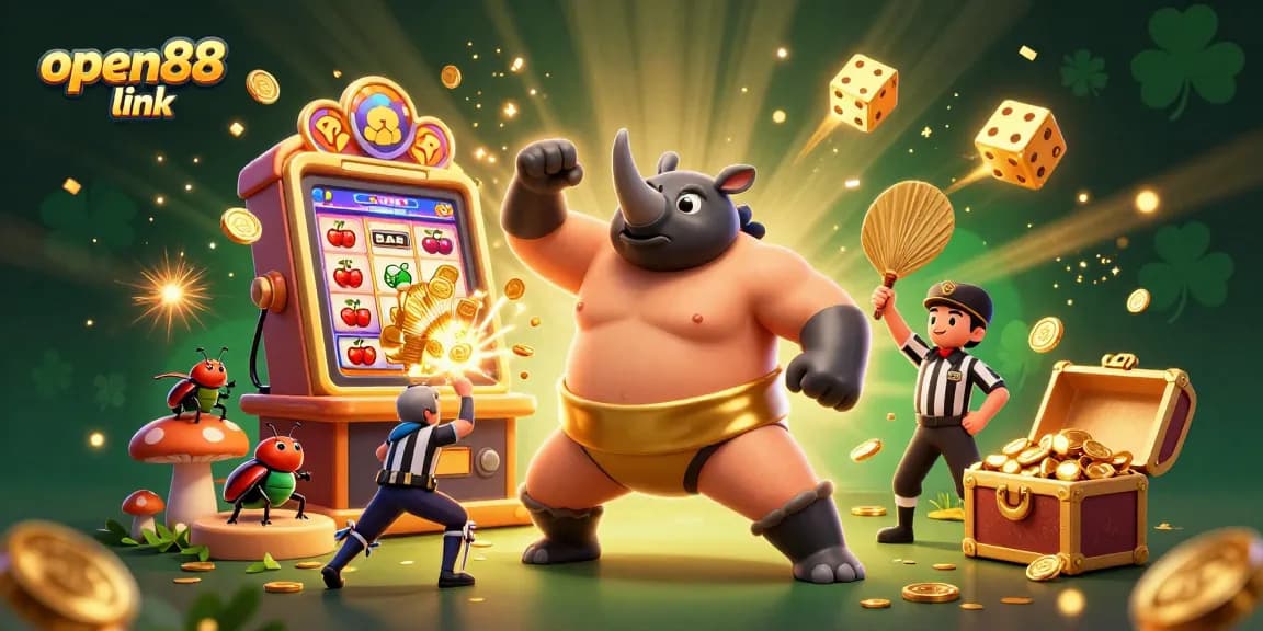 Engage with the thrilling open88 link featuring a dynamic casino scene with a sumo beetle champion.