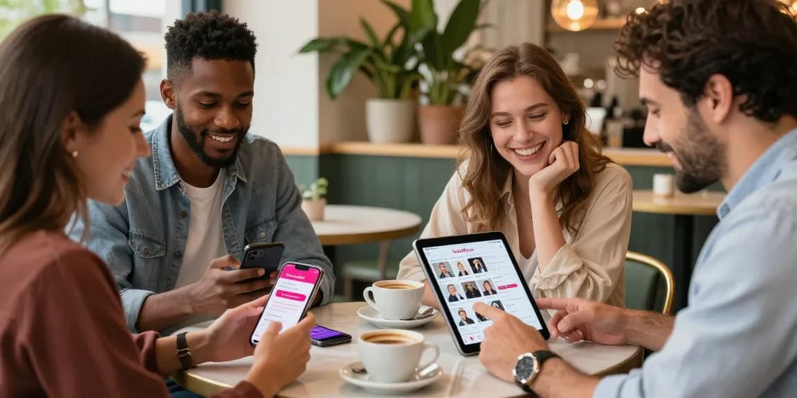 Singles using the HundRoses dating app in a cozy café, fostering genuine connections.