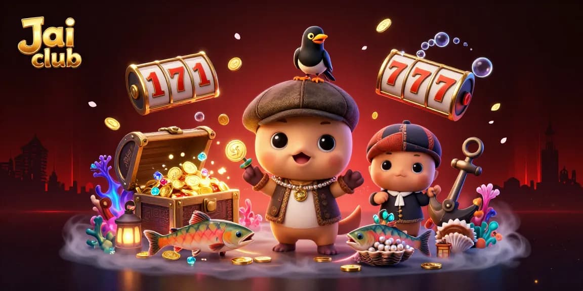 Engage with Jai club's vibrant casino action featuring playful Nessie amidst lively gaming elements.