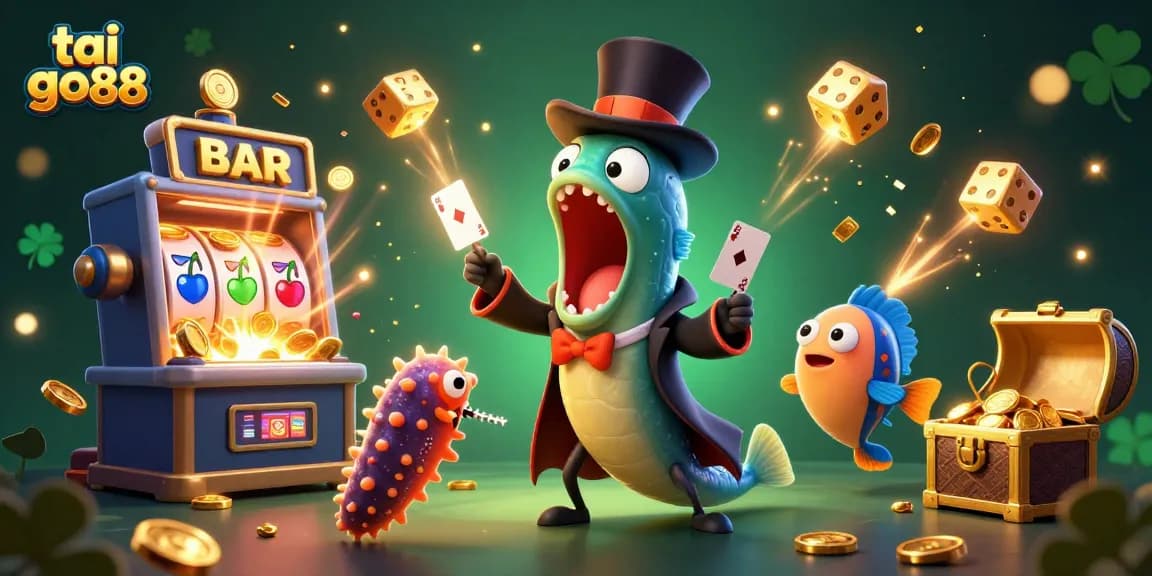 Engage in gaming excitement with tai go88 amidst vibrant casino elements and characters.