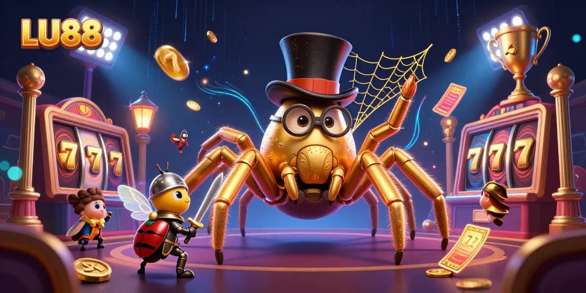 LU88 sparks excitement as a golden tarantula weaves a slot game web in this captivating casino scene