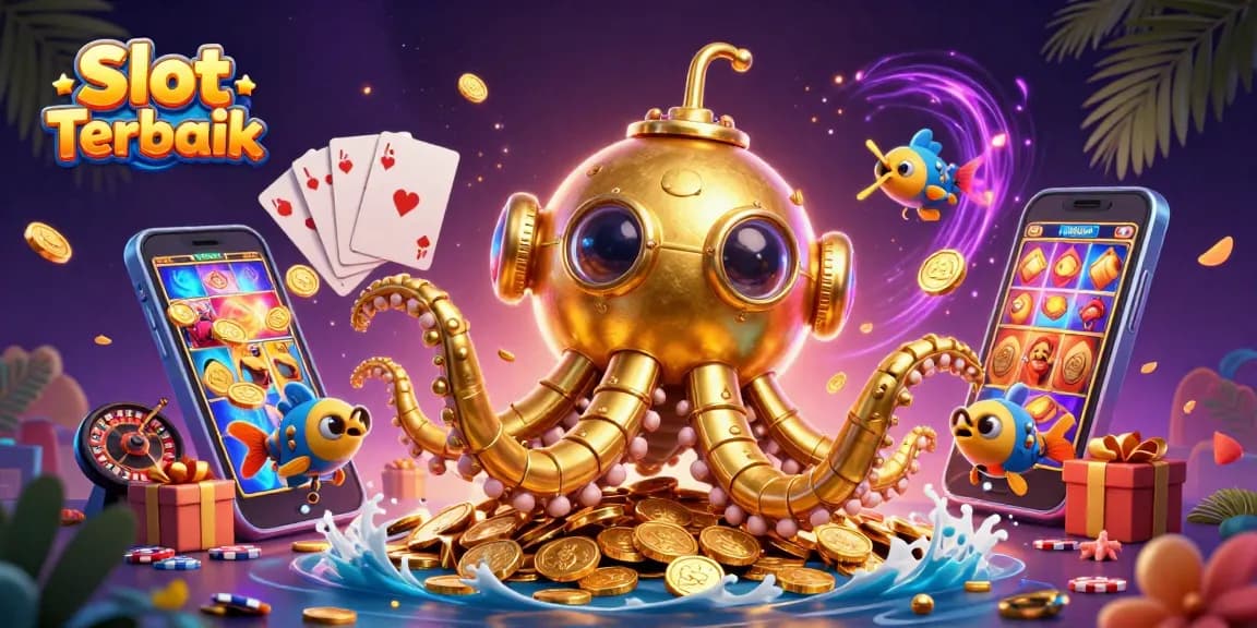 Experience Slot Terbaik with vibrant gaming elements and a golden kraken emerging from coins.