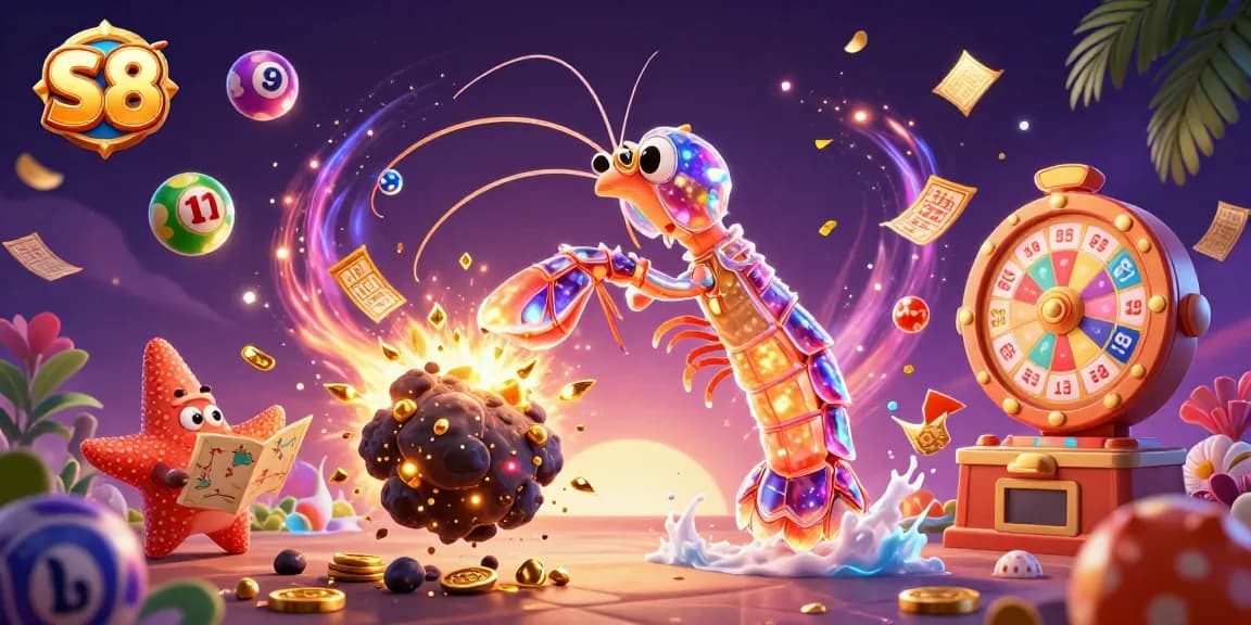 S8 offers thrilling casino experiences with colorful lottery elements and animated characters in a vibrant scene.