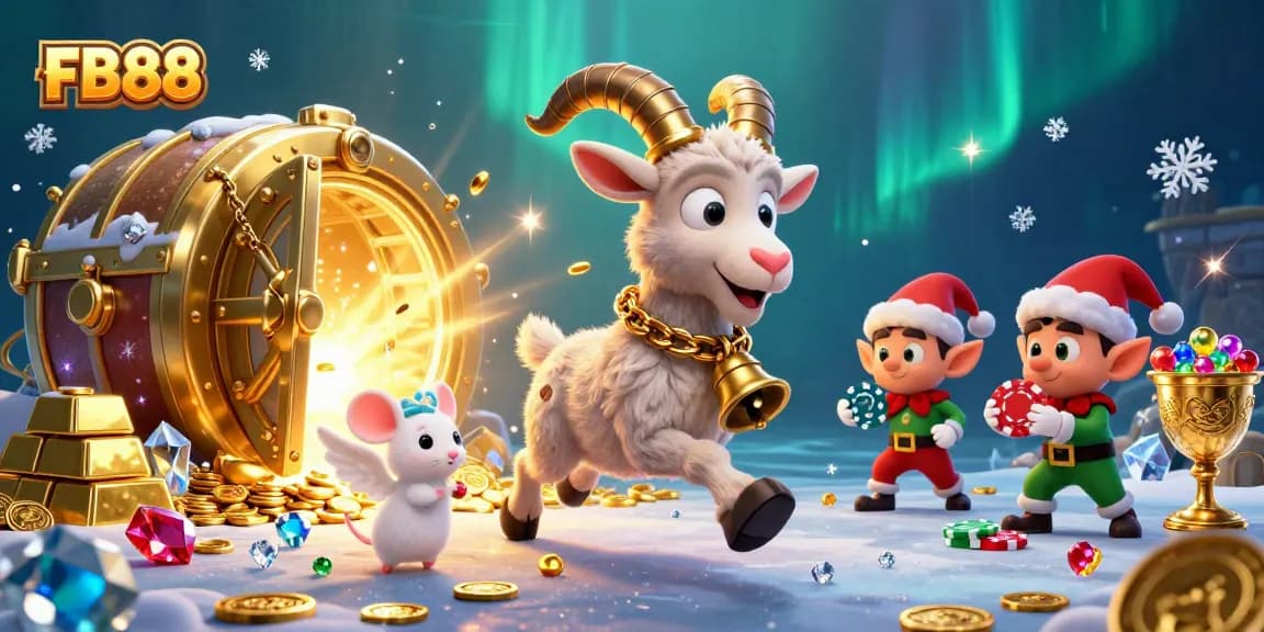 Engage with FB88 in a festive casino scene featuring Krampus, orderly angel mouse, and mischievous elves.