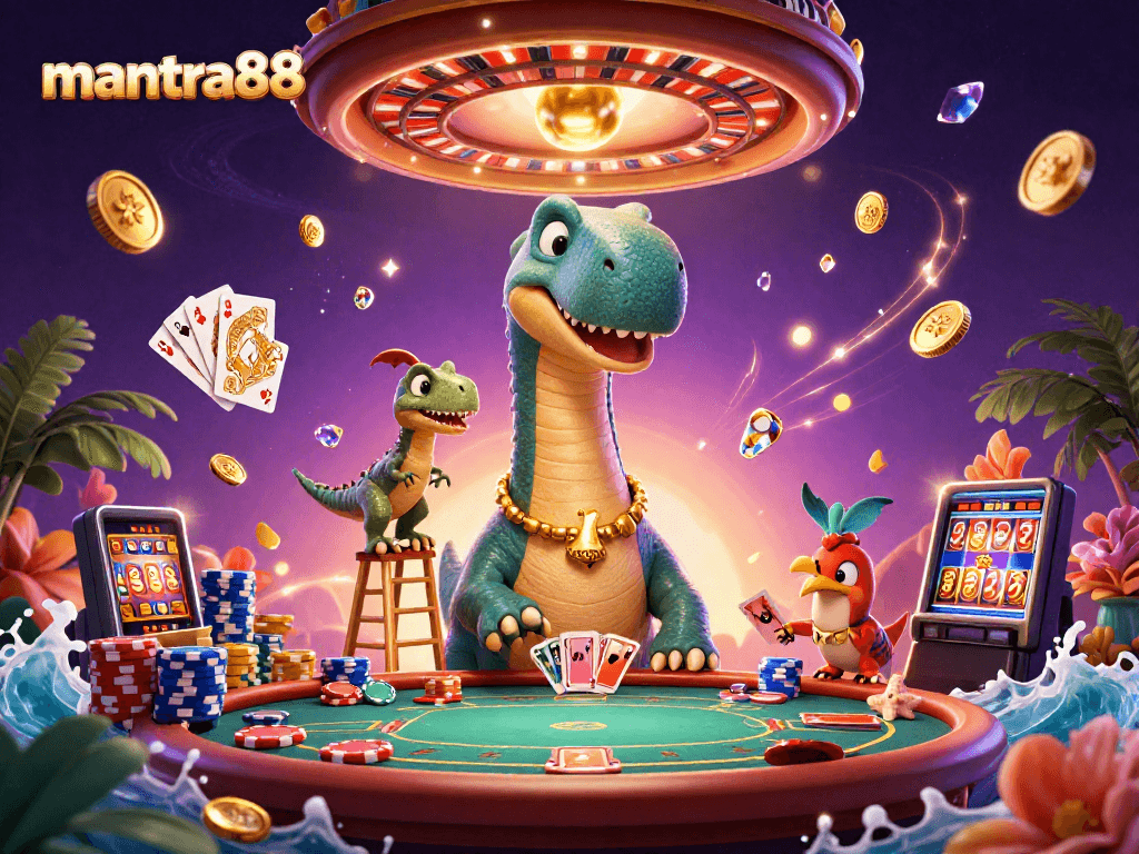 Experience the excitement at mantra88 with a vibrant casino scene featuring a brontosaurus and raptor interacting over poker.