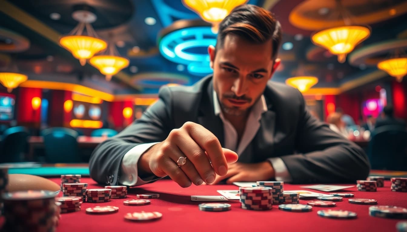 Permainan Poker88 yang menegangkan dengan pemain fokus dan suasana kasino yang ramai.
